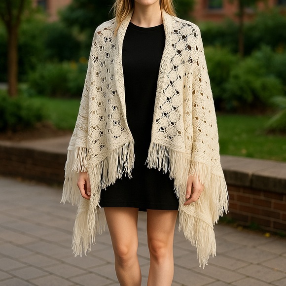 Off white angora crochet scarf shell design plus tassels - Picture 3 of 8